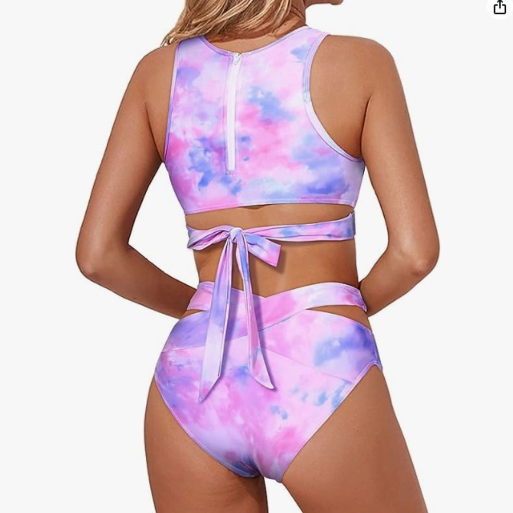 Tempt Me High Neck Criss Cross Tie Dye Bikini Swimsuit NWOT - Picture 2 of 9